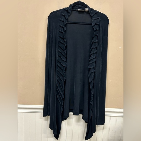Damaged Chico's Travelers Cardigan Jacket Size 3 Black XL Open Front Ruffle Trim - Picture 1 of 5